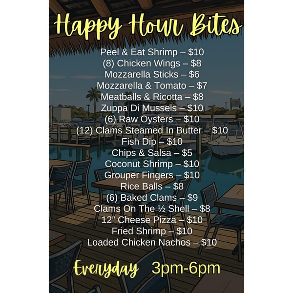 Mangia Clam Bar's Happy Hour Bites menu, featuring seafood and other appetizers, against a marina background.