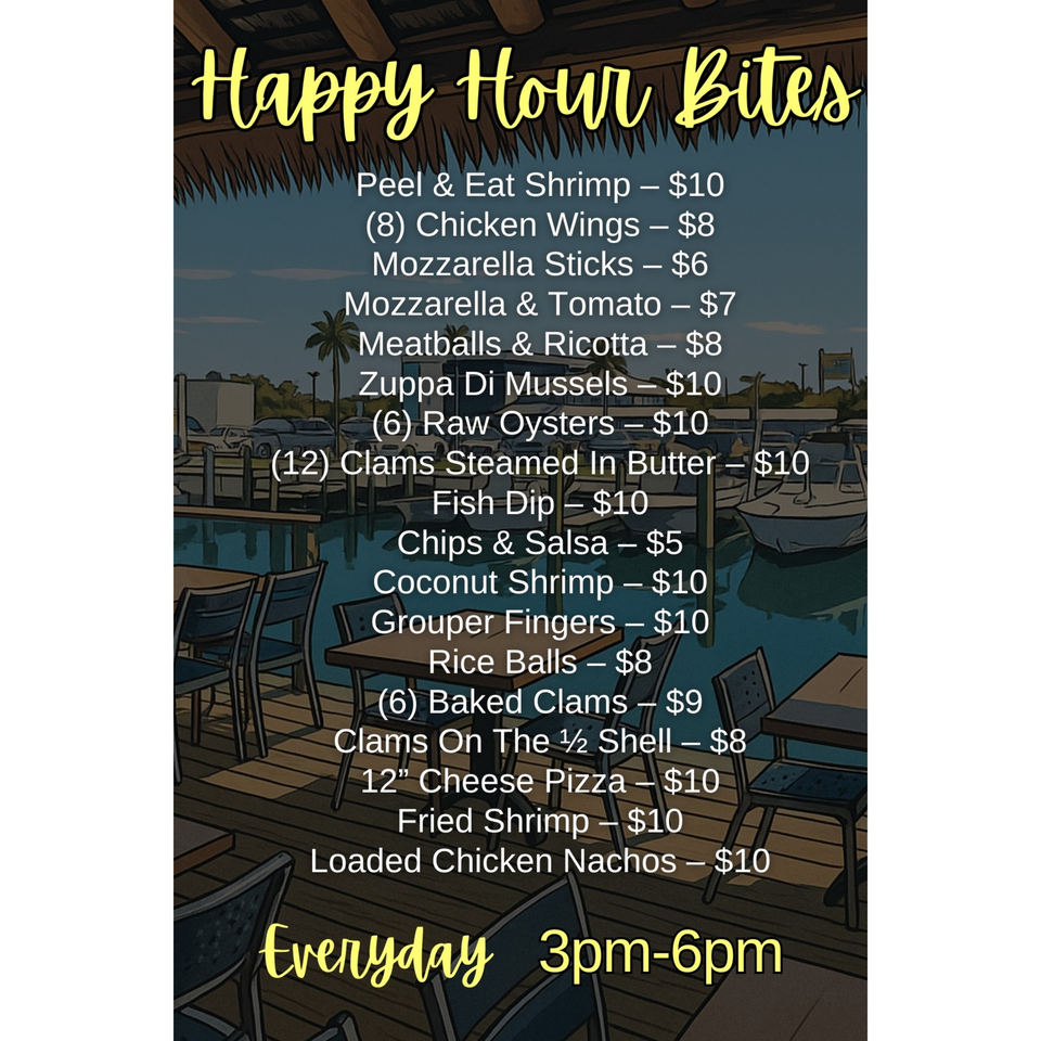 Mangia Clam Bar's Happy Hour Bites menu, featuring seafood and other appetizers, against a marina background.