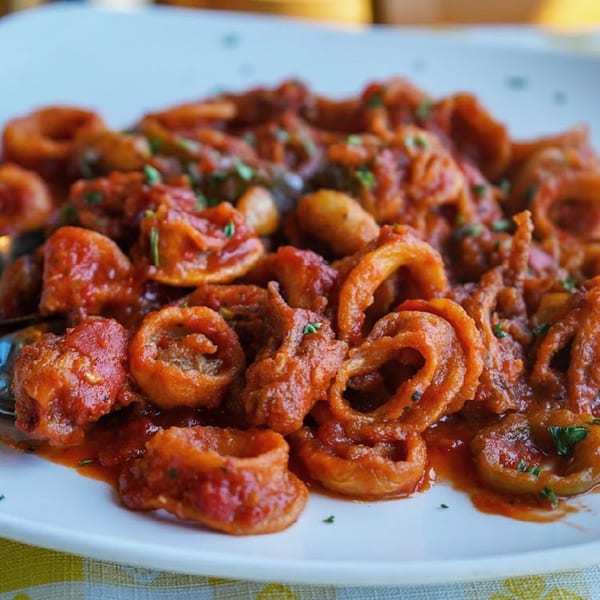 Close-up of fried calamari rings and tentacles coated in a rich red tomato sauce with herbs.