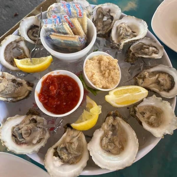 A dozen fresh oysters on the half shell, with lemon, cocktail sauce, horseradish, and crackers.